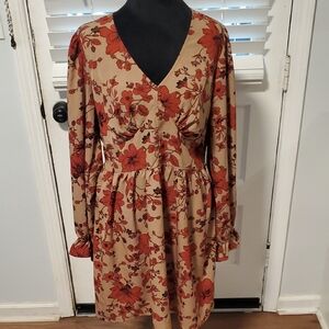 Signify Floral V-Neck Dress in Orange and Tan